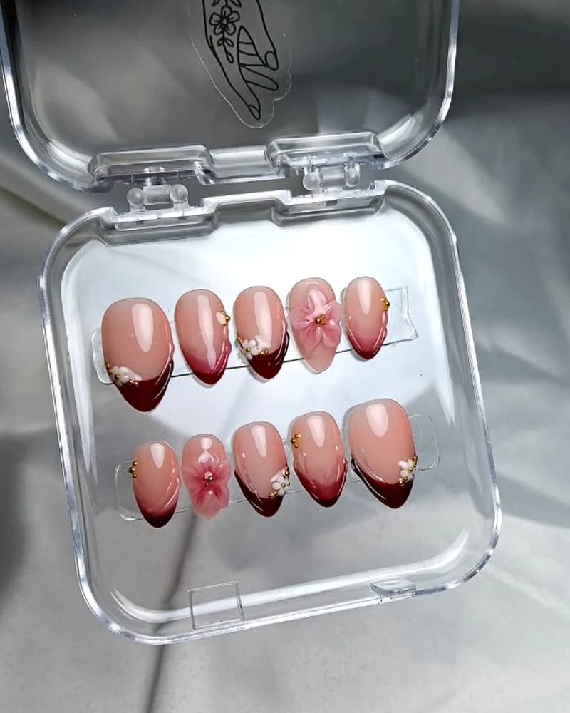 Burgundy Ombre & 3D Pink Sakura Press-On